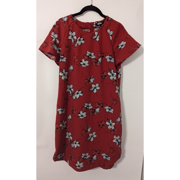 Banana Republic Dress Red Short Sleeve Crew Neck Back Zip Shift Floral - Picture 1 of 7